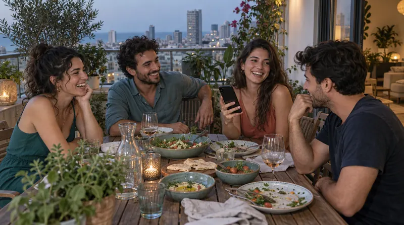 ארבעה חברים סביב שולחן במרפסת אחרי ארוחה משותפת, אחד מהם מחזיק טלפון