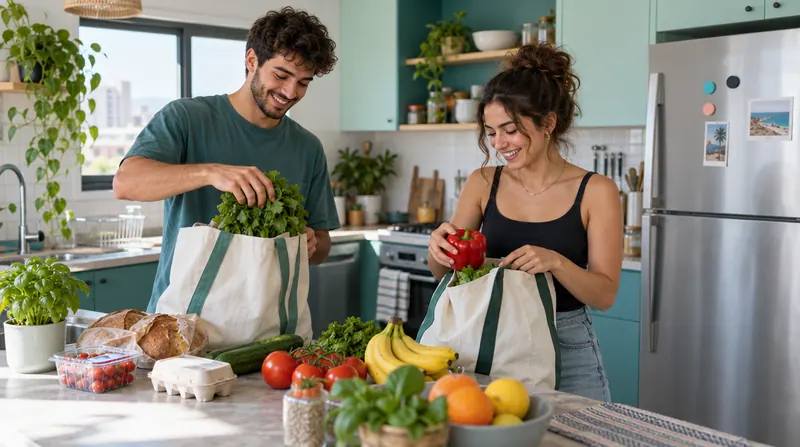 שני שותפים לדירה מסדרים קניות מהסופר על שיש במטבח מואר